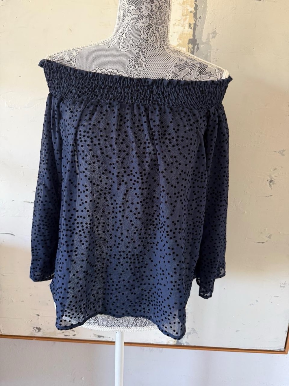 Zara Basic Navy Blue Polka Dot Off-Shoulder Top